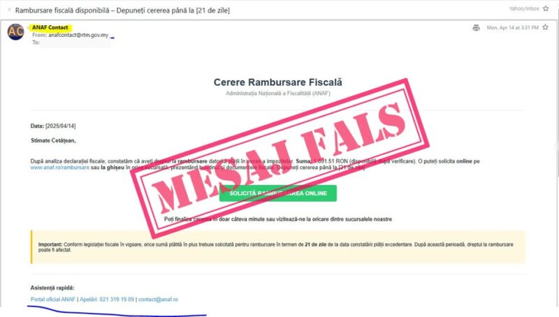 NU deschideţi aceste e-mailuri: avertisment de la ANAF! ”Aveți dreptul la rambursare datorită plăţii în exces a impozitelor”