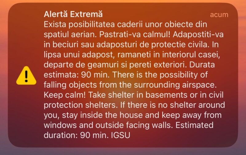 Mesaj RO-Alert transmis în zona judeţului Tulcea. Există posibilitatea să cadă obiecte din spaţiul aerian