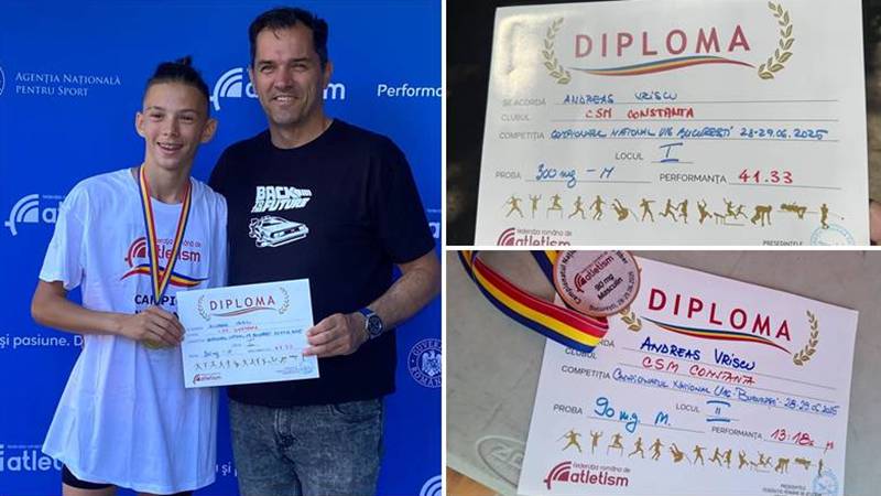 Performanță dublă pentru Andreas Vrișcu de la CSM Constanța! Aur și argint la Campionatul Național de atletism U16