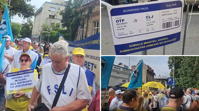 (VIDEO) Protest al profesorilor împotriva măsurilor impuse de „Legea Bolojan”. Se cere demisia lui Daniel David: „Avionul dumneavoastră urmează să decoleze”