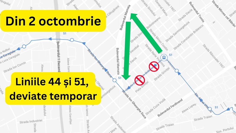 CT Bus: Liniile 44 și 51 își modifică temporar traseul din 2 octombrie