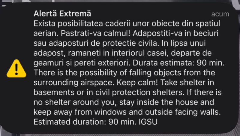 Nou mesaj RO-Alert pentru populaţia din nordul judeţului Tulcea. Ținte aflate în deplasare către zona de frontieră dintre România şi Ucraina
