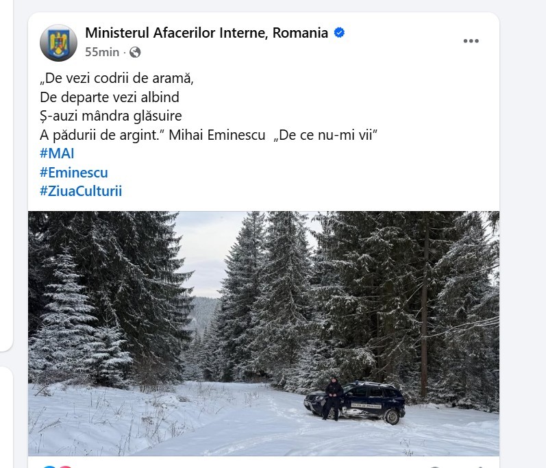 Ironii pe pagina de Facebook a Ministerului Afacerilor Interne. Versurile unei poezii a lui Eminescu au fost citate greşit: ”Mai deschideți și voi o carte”