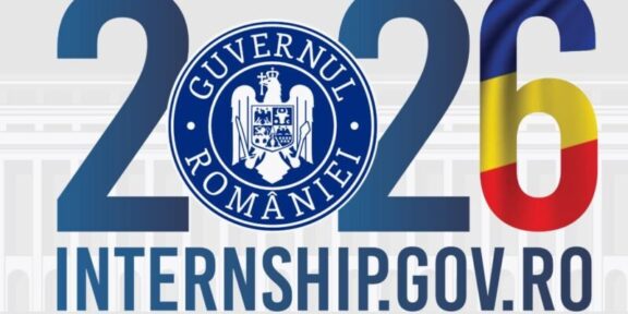 2026 internship program graphic for Romania, featuring the Guvernul României seal and flag colors