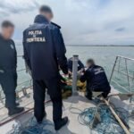 Border police officers on a boat work with fishing nets along a calm coastal waterway; their backs show 'Poliția de Frontieră' on uniforms (faces blurred).