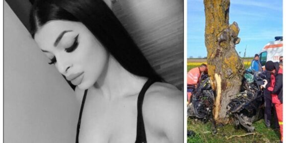 Collage showing a black-and-white portrait of a woman on the left and a car crash scene with responders on the right.