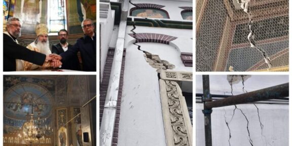 Three men, including a bishop, shake hands inside a church.