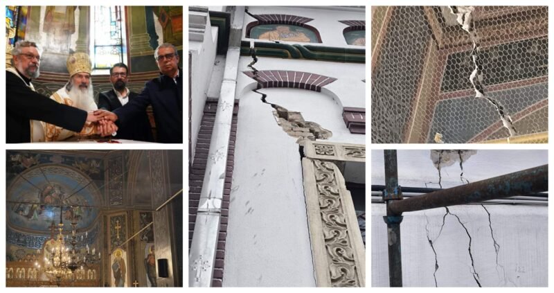 Three men, including a bishop, shake hands inside a church.