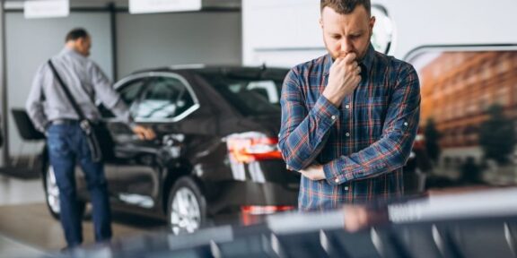 Man in a plaid shirt stands in a car showroom, deep in thought, with a black car and another person in the background near the display one.