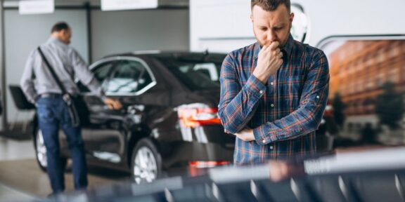 Man in a plaid shirt stands in a car showroom, deep in thought, with a black car and another person in the background near the display one.