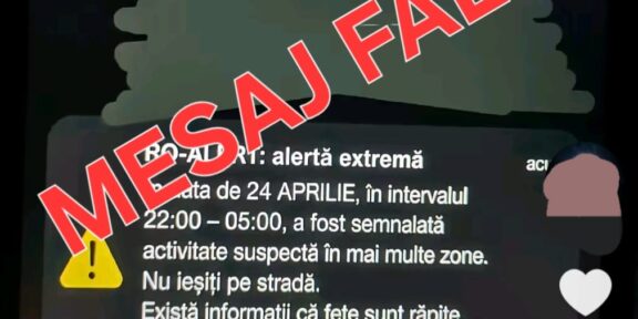 Screenshot of a social video showing a warning message about a false alarm on 24 April; large red text "MEGAJ FALS!" overlay covers the content.