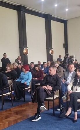 Audience seated in rows in a formal conference room during a presentation/meeting session.
