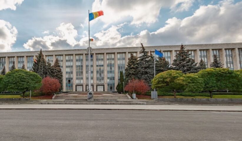 Front of a large government building with steps, flagpoles, and manicured trees in front of it in an urban plaza.