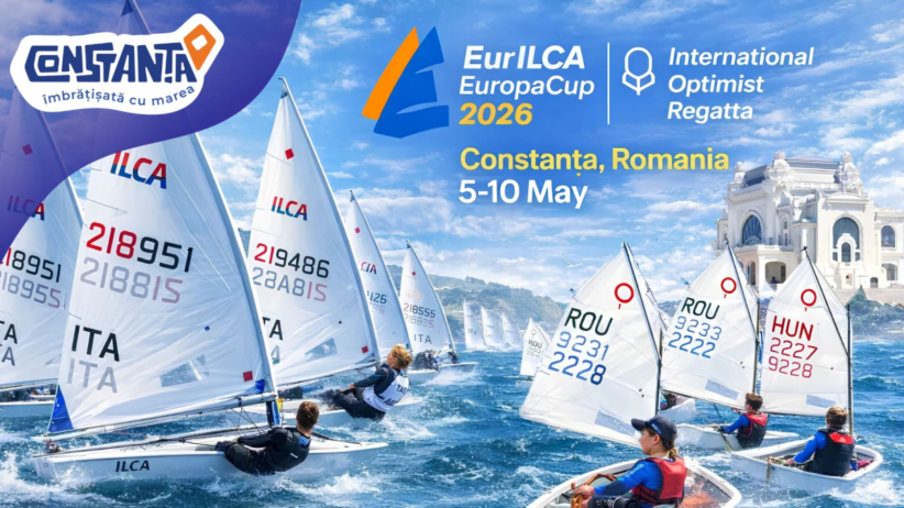 Sailing boats racing in a regatta off Constanța, Romania, with event logos and the date 5–10 May 2026 in the blue sky background.