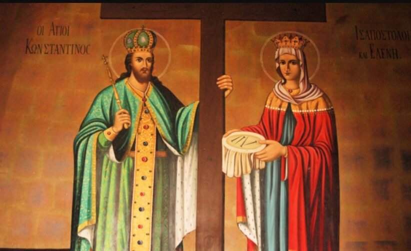 Iconic painting of Saint Constantine (left) and Saint Helen (right) with a wooden cross between them.