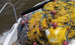 Pile of tangled yellow and gray fishing nets with red buoys on a boat deck, water in the background.
