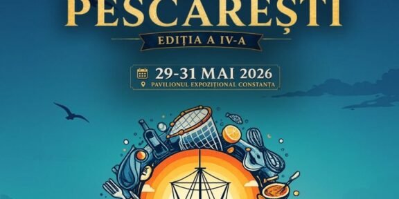 Poster for Festivalul tradițiilor și gastronomiei pescărești, Constanța, May 29–31, 2026, featuring a boat surrounded by seafood imagery.