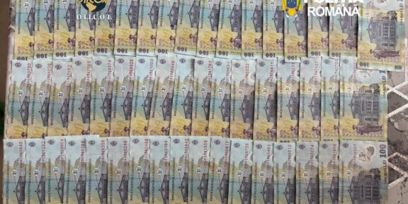 Rows of Romanian 100 lei banknotes laid out on a tiled floor, with the Poliția Română logo in the corner.