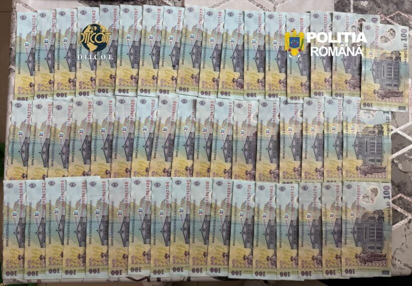 Rows of Romanian 100 lei banknotes laid out on a tiled floor, with the Poliția Română logo in the corner.