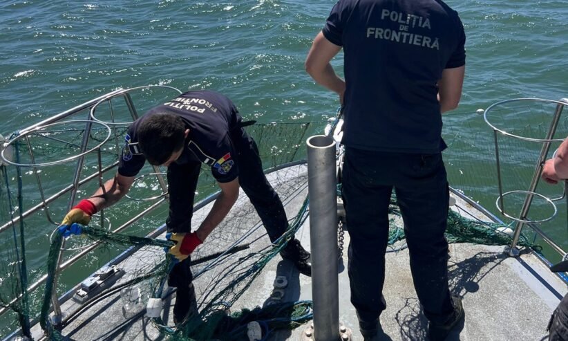 Border police officers on a boat untangling a fishing net near the railing, with open water in the background on a sunny day