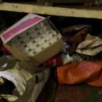 Dim storage area cluttered with bags, a cardboard box, rope, and scattered debris in a dusty corner.]","Cluttered shed interior filled with bags, a box, rope, and assorted junk.