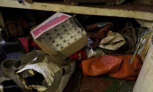 Dim storage area cluttered with bags, a cardboard box, rope, and scattered debris in a dusty corner.]","Cluttered shed interior filled with bags, a box, rope, and assorted junk.