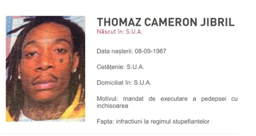 Mugshot photo of a man with dreadlocks beside a Romanian arrest record showing birth date 08-09-1987 and charges