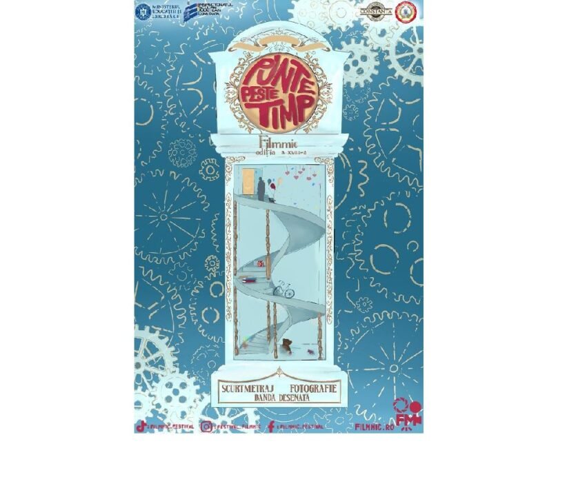 Festival poster featuring a tall ornate clock-tower frame with a glass-walled spiral ramp inside, set against a blue gear-patterned background.