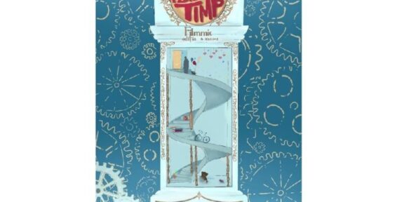 Festival poster featuring a tall ornate clock-tower frame with a glass-walled spiral ramp inside, set against a blue gear-patterned background.