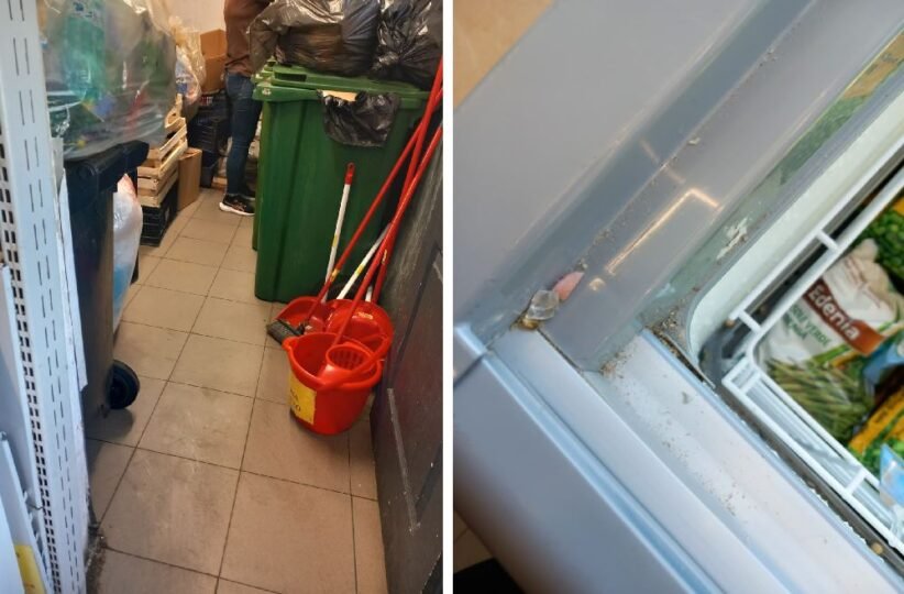 Left panel shows a cluttered storage area with a red mop bucket, mop handles, and a green trash bin; right panel shows a freezer door with a dirty seal and debris along the edge.