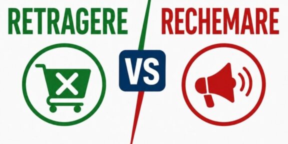Left: green circle with a crossed-out shopping cart; center shows 'VS'; right: red circle with a megaphone icon; suggests a vs comparison between stop shopping and loud promotion.