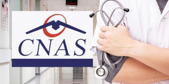 Doctor in a white coat holding a stethoscope beside a CNAS logo in a hospital hallway