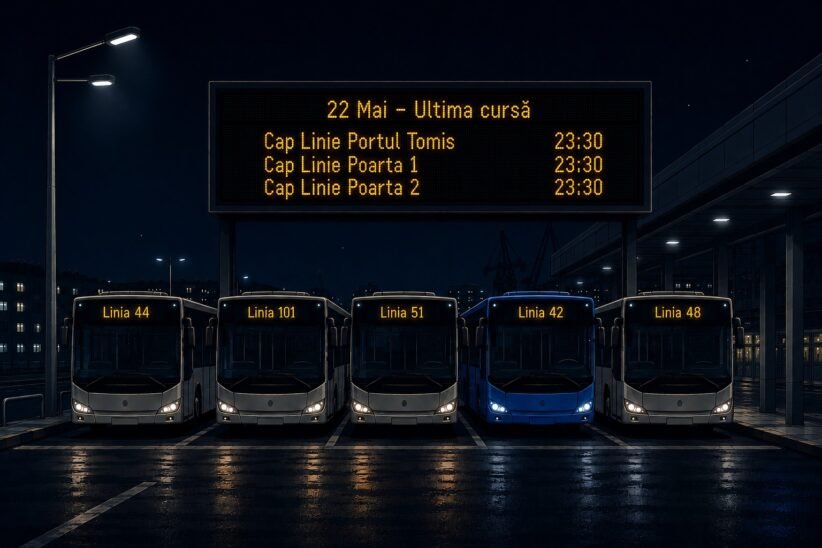 Night-time bus terminal with five buses parked in a row under a digital board reading '22 Mai - Ultima cursă' and listing Linia 44, Linia 101, Linia 51, Linia 42 and Linia 48.
