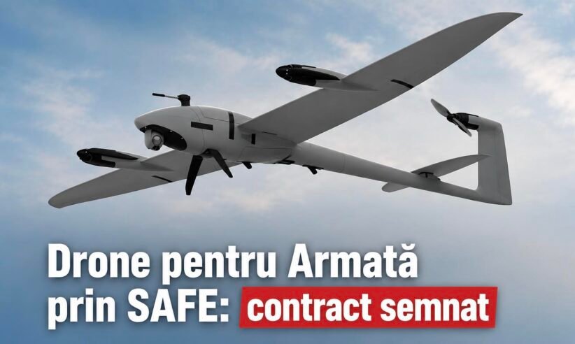 Drone in flight against a cloudy sky with Romanian text overlaid: 'Drone pentru Armată prin SAFE: contract semnat' indicating a military drone contract announcement.