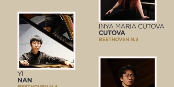 Poster announcing Finalists, Classic Section, featuring three pianist portraits: Inya Maria Cutova (Beethoven No. 3) at top right, Yi Nan (Beethoven No. 4) left, Junbo Wang (Beethoven No. 5) bottom right.