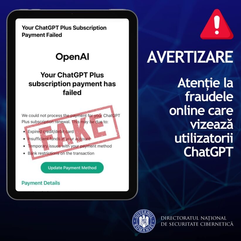 Tablet screen shows a fake 'ChatGPT Plus Subscription Payment Failed' message with an OpenAI label and a red 'FAILED' stamp, signaling online fraud warning (in Romanian context on the side).