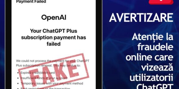 Tablet screen shows a fake 'ChatGPT Plus Subscription Payment Failed' message with an OpenAI label and a red 'FAILED' stamp, signaling online fraud warning (in Romanian context on the side).