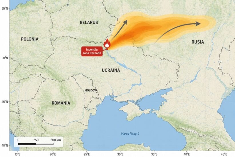 Map of eastern Europe showing a wildfire near Chernobyl in Ukraine, with an orange plume extending northeast toward Russia.