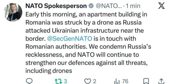 Tweet from NATO Spokesperson about a drone strike on a Romanian apartment building near the border; condemns Russia and says NATO will strengthen defenses.