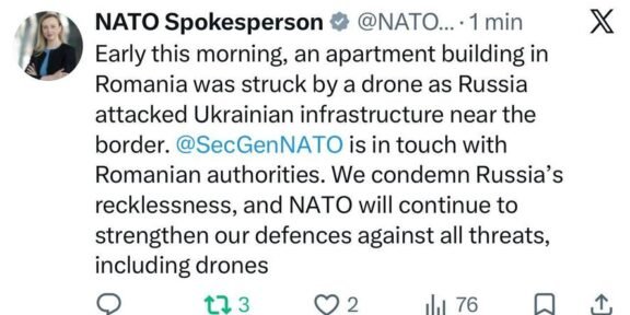 Tweet from NATO Spokesperson about a drone strike on a Romanian apartment building near the border; condemns Russia and says NATO will strengthen defenses.
