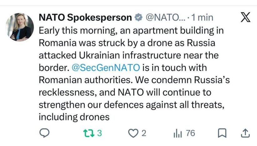 Tweet from NATO Spokesperson about a drone strike on a Romanian apartment building near the border; condemns Russia and says NATO will strengthen defenses.