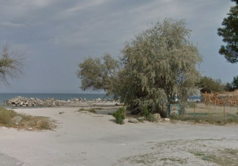A sandy coastal scene with a large tree near a fenced area, calm sea in the background and a rocky jetty extending into the water at left.