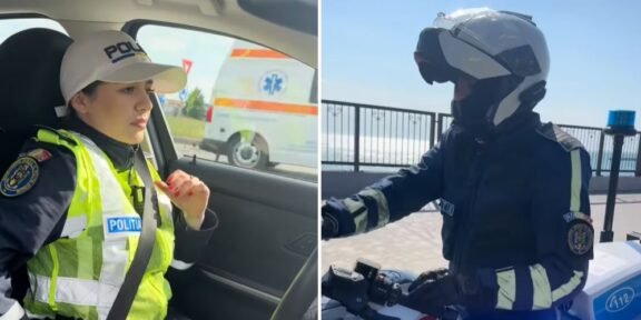 Female police officer in a high-visibility vest sits in a car, looking ahead; a convoy ambulance visible outside the window (left panel).|Right: Motorcyclist in full protective gear and white helmet rides a police motorcycle along a seaside promenade.