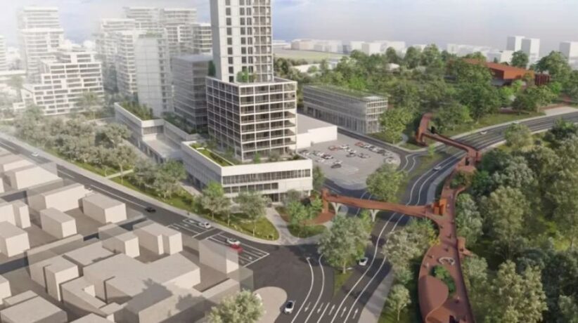 Aerial rendering of a modern urban district: a tall central tower, surrounding low-rise buildings, green parks, and an elevated pedestrian walkway weaving over curved roads.