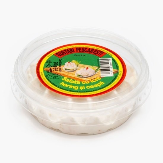 Plastic tub of fish salad spread with a bright red–green–yellow label, featuring text and a small image of the dish (herring and onion) on top.