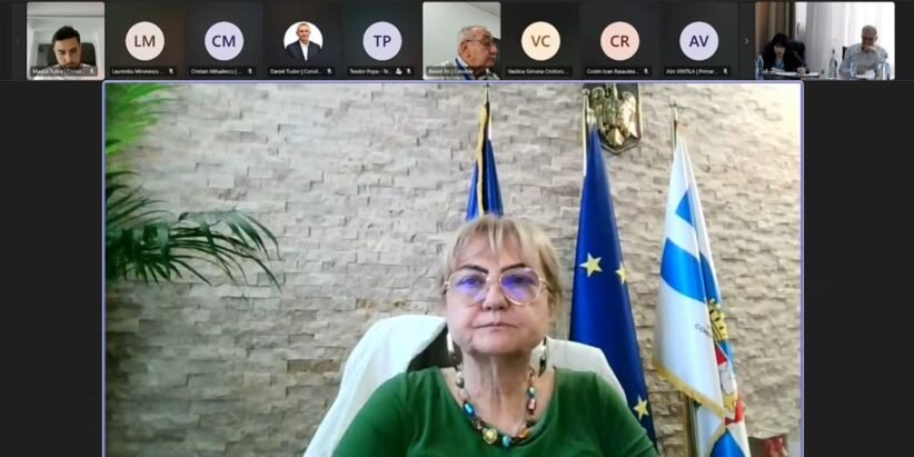 Framed woman in a green blouse wearing glasses, seated in a conference setting with European and flag banners behind her.
