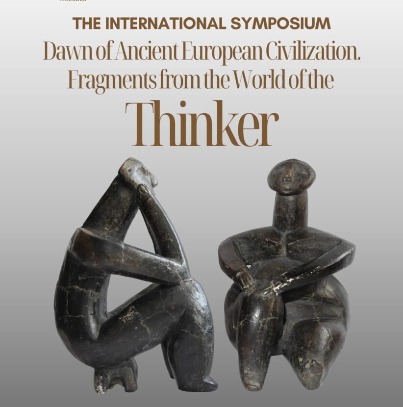 Promotional poster for The International Symposium featuring two dark abstract stone sculptures on a gray gradient background.