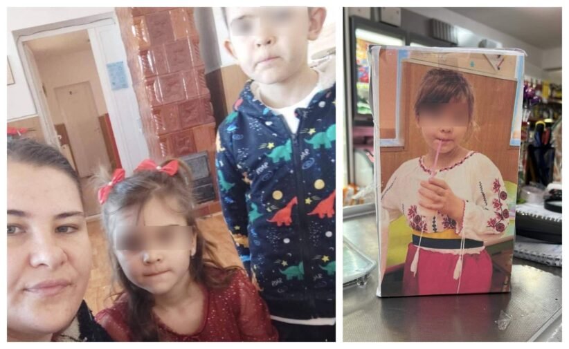 Collage of kids in a store: a close-up of a woman's face with two children, one in a dinosaur-pattern hoodie; on the right, a life-size cardboard cutout of a girl sipping through a straw.