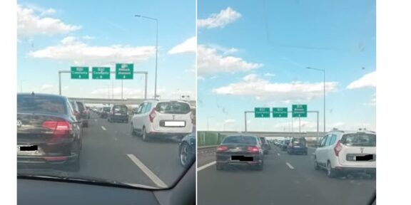 Split-screen view from inside a car showing a busy multi-lane highway with several cars and green overhead direction signs against a blue sky.