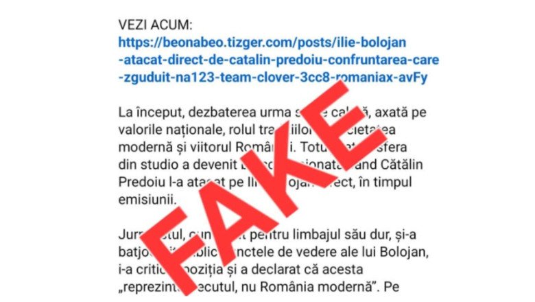 Screenshot of a Romanian article excerpt with blue hyperlinks and black text, overlaid by a large red 'FALSE' stamp diagonally across the page.